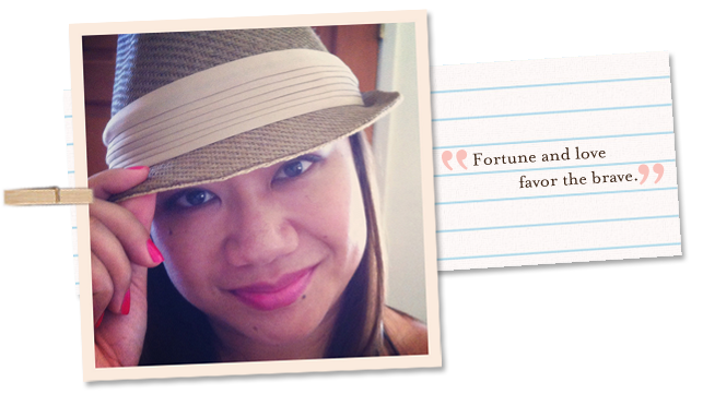 A close-up headshot photo of Irena McClamb, owner of in a card, with a quote that reads, "Fortune and love favor the brave."